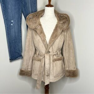 Jones New York Faux Fur Trim/Suede So Soft Tie Waist Coat size Small